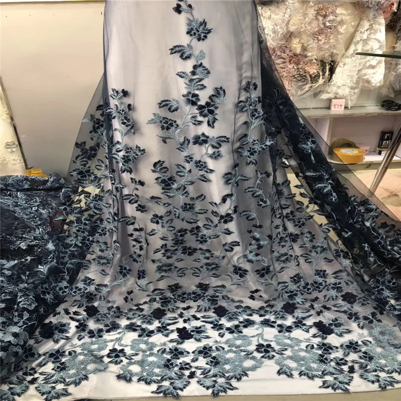 

HFX Latest African Bridal Laces 2018 Navy Blue Embroidered High Quality French Tulle Lace Fabric For Nigerian Wedding X1035-1