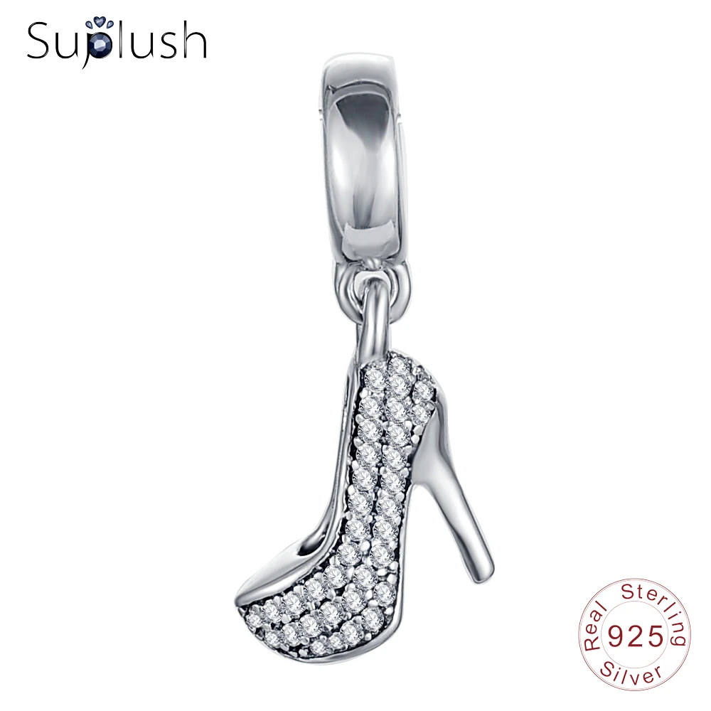 

Suplush Sparkling Stiletto Hanging Charm 925 Sterling Silver Crystal High Heel Bead Fit Bracelets Pendants Jewelry PSMB0291