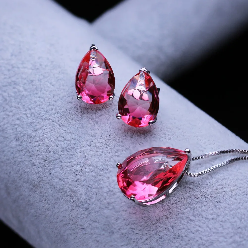 

red jewelry sets watermelon tourmaline stone stud earring and pendant necklace fashion jewelry sets for women SFX0011283