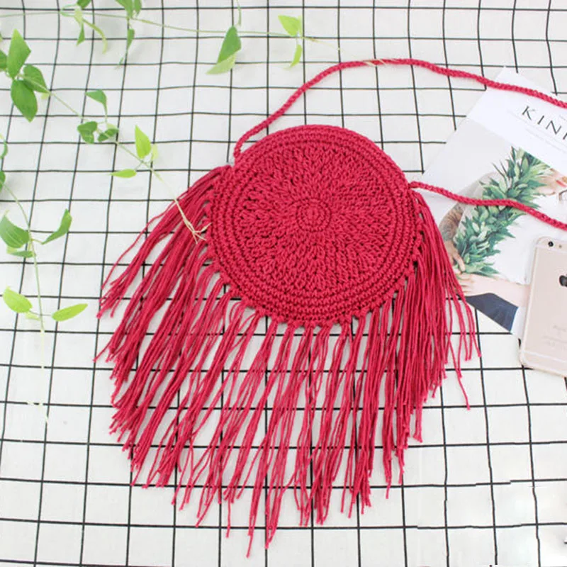 Women Circle Straw Bags Summer Beach Tassel Female INS Popular Shoulder Bag Lady Casual Handmade Weave Round Crossbody SS3108 (2)