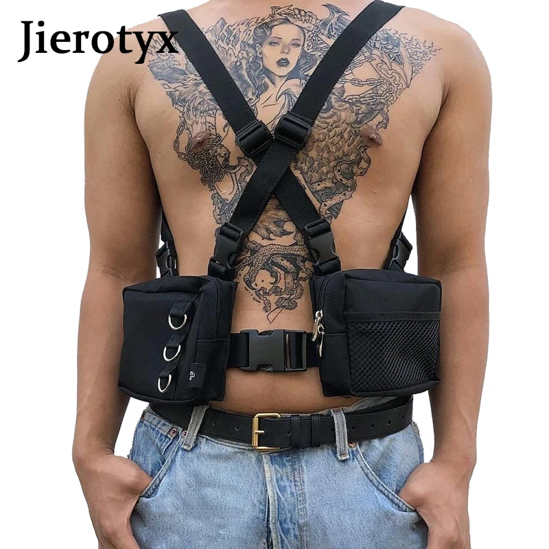 

JIEROTYX Fashion Tactical Harness Chest Rig Bag Hip-Hop Oxford Two Pockets Fanny Pack Black Tactical Functional Vest Bag Women