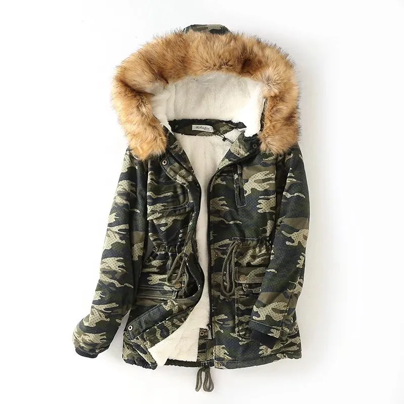 

2018 Winter Parkas Hooded Quilted Jacket Coat Women Print Drawstring Waist Lambswool Over Coat Thick Warm Outerwear LQ48