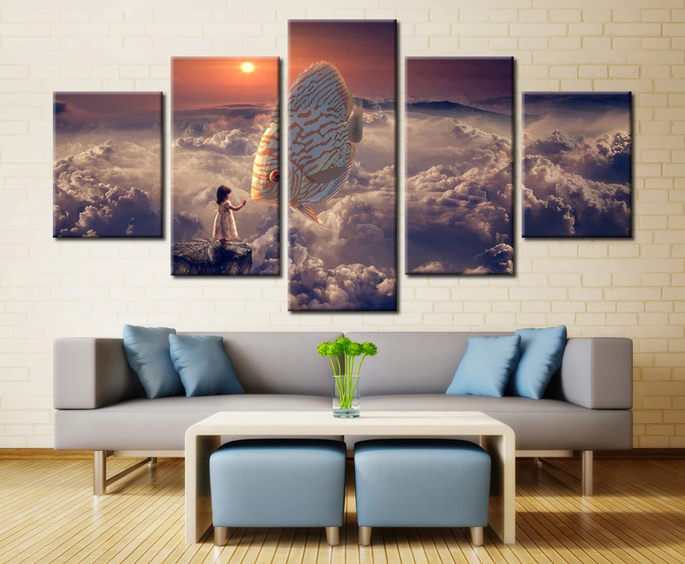 Sea Clouds On Cloud Little Girl Color Fish