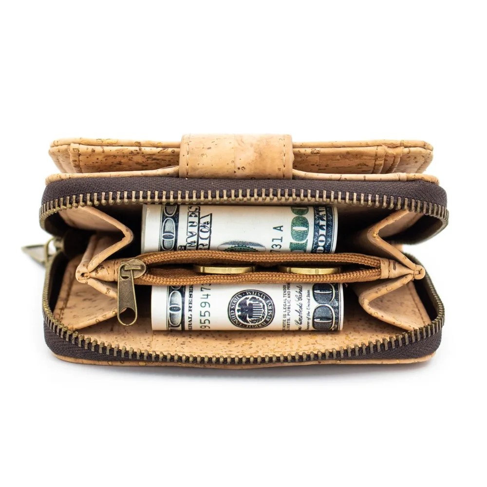 Женский кошелек из натуральной пробки, двойные бумажники, пробковая сумка, кожаный бумажник на молнии для веганских карт, кошелек ручной