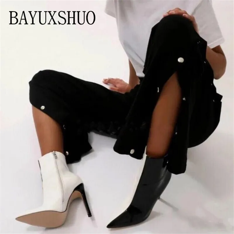 

BAYUXSHUO New Women Ankle Boots 2018 Autumn Winter Black white Mixed High Heel Booties Pointed Toe Stiletto Chelsea Boots Shoes