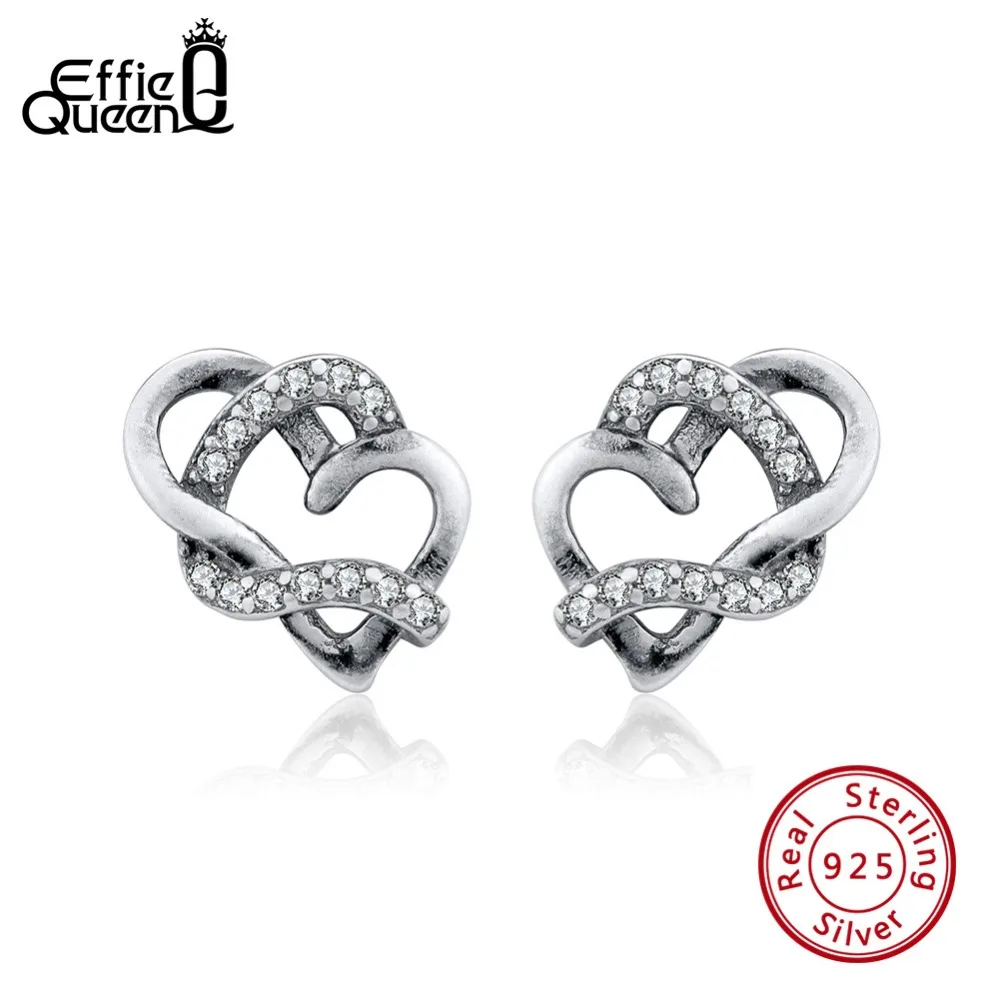 

Effie Queen Real 925 Sterling Silver Vintage Earrings With AAA Zircon Heart Shape Oxidized Silver Stud Earring Mom Jewelry BE147