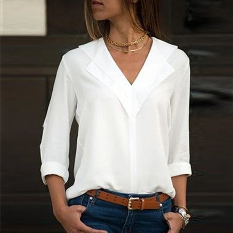 Witte Blouse Lange Mouw Chiffon Blouse Dubbele V Hals Vrouwen Tops En ...