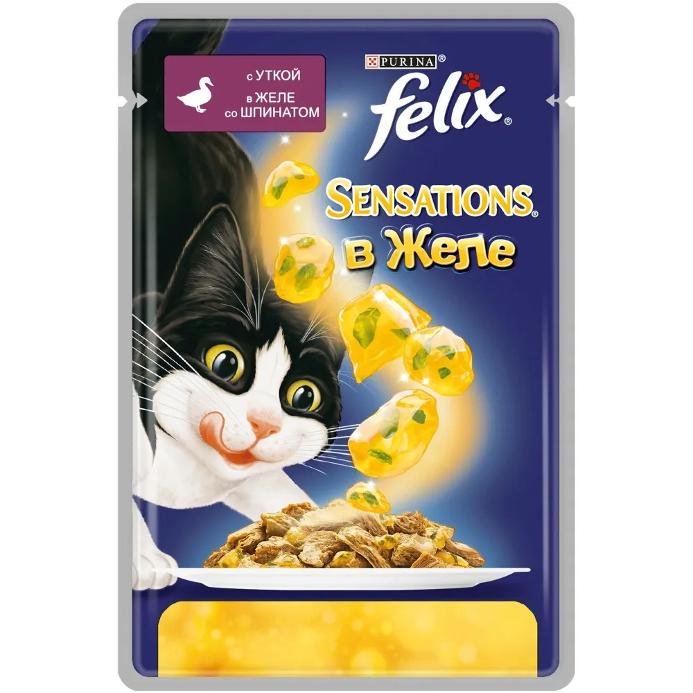 Влажный корм Felix Sensations для кошек с уткой в желе со шпинатом, Пауч, 24х85 г