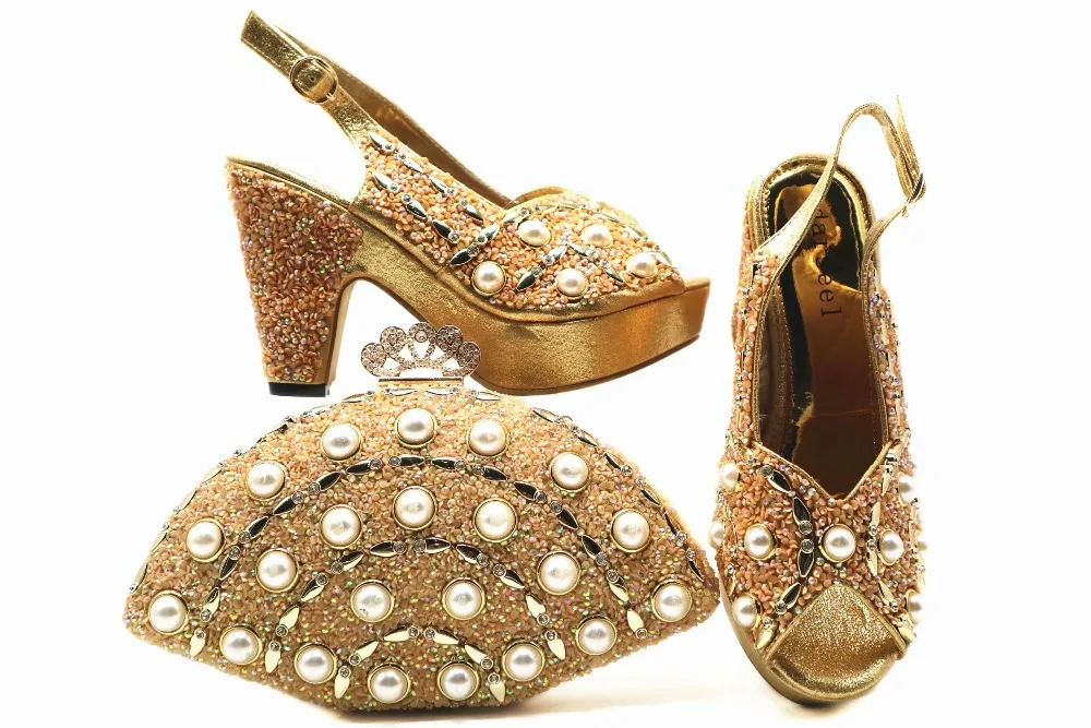 

Italian shoes and bag set with many beads gold shoes and bag highheel 4 inches size 38 to 42 fashion shoes and bag set SB8279-5