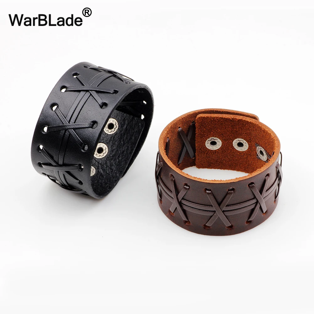 WarBLade 2018 New Fashion Men’s Genuine Leather Wide Bracelets Bangles Men Wrap Bracelet Punk Cuff Wristband For Women Jewelry