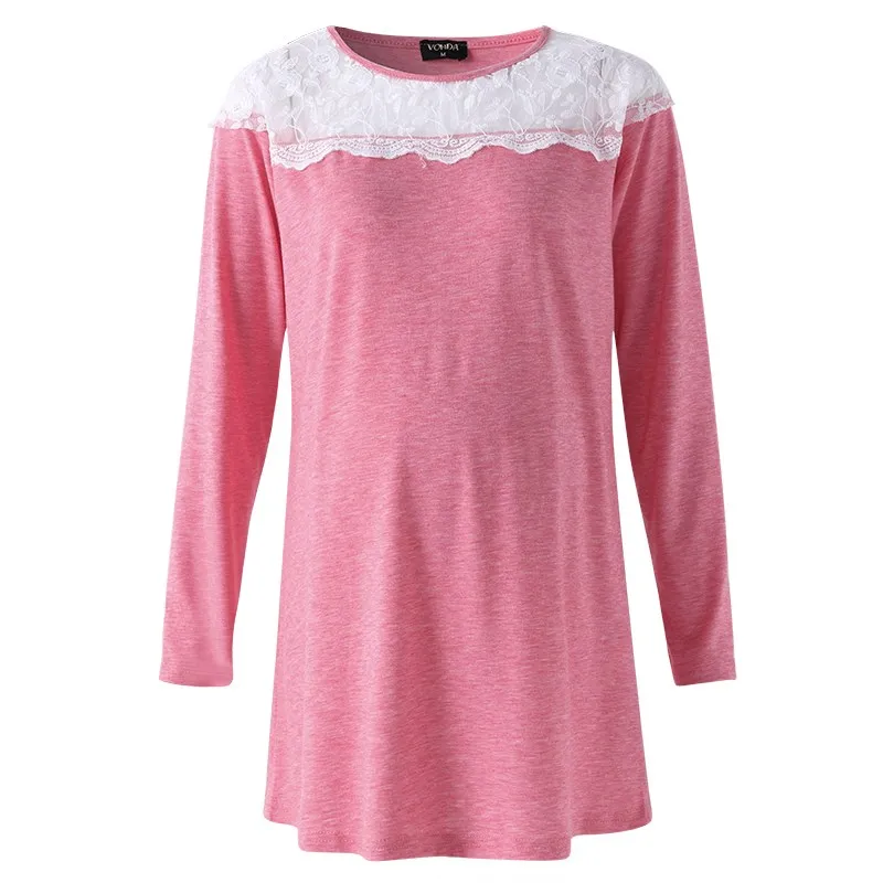 VONDA Одежда для беременных Осенняя блузка для беременных женщин рубашки кружевные с длинным рукавом Повседневные Свободные топы для беременных Большие размеры - Цвет: Розовый
