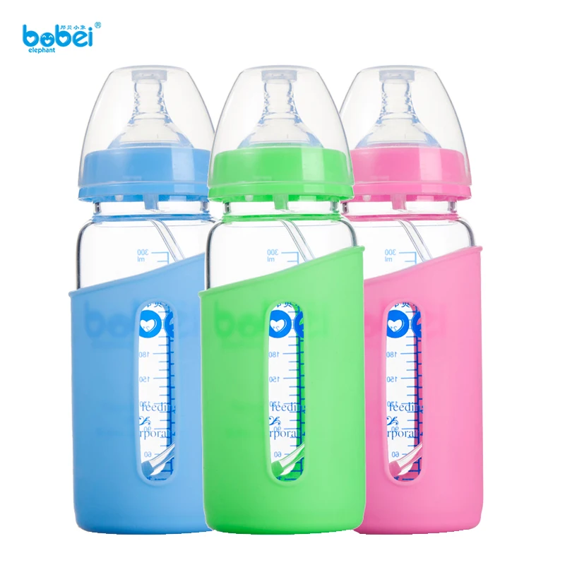 

300ml baby glass milk bottle wide mouth straight anti-flatulence silicone nipple with silicone protect cover