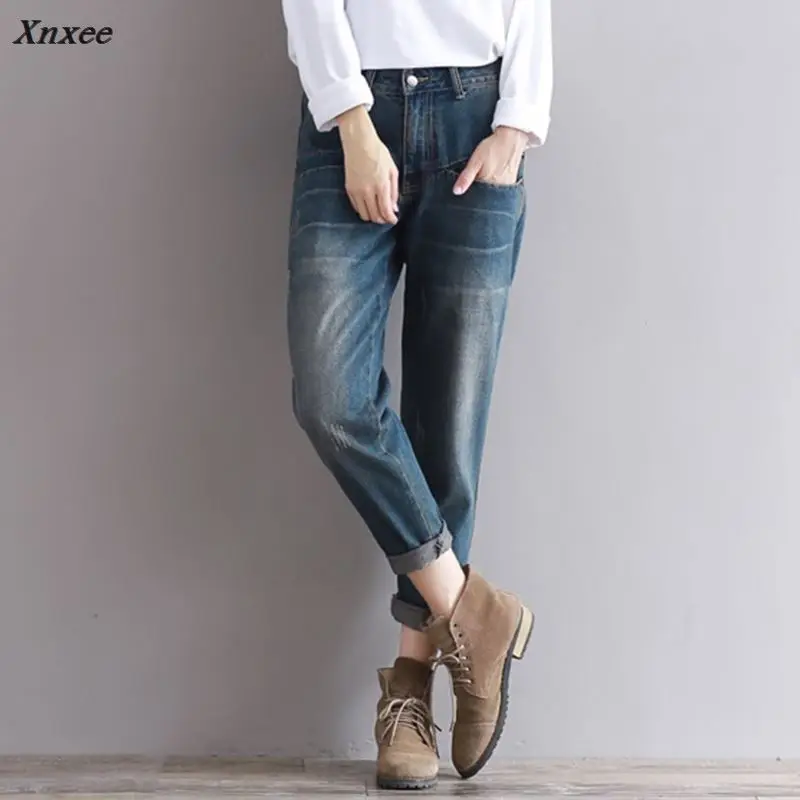 2018 New Women Vintage Jeans Plus Size Ripped Washed Slim Harem Pants Ladies Casual Denim Trousers Mori Girl Autumn High-quality Jeans