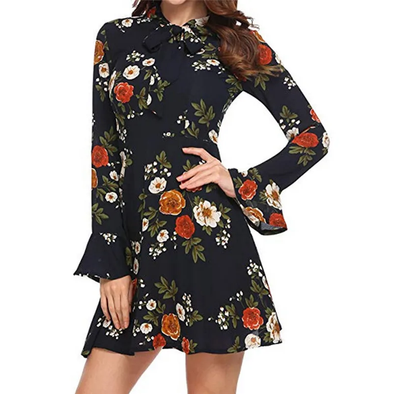 Fashion Autumn summer dress 2018 casual Flare elegant dress Long Sleeve O-Neck Floral Printed Mini party Dress vestido A27#N (14)