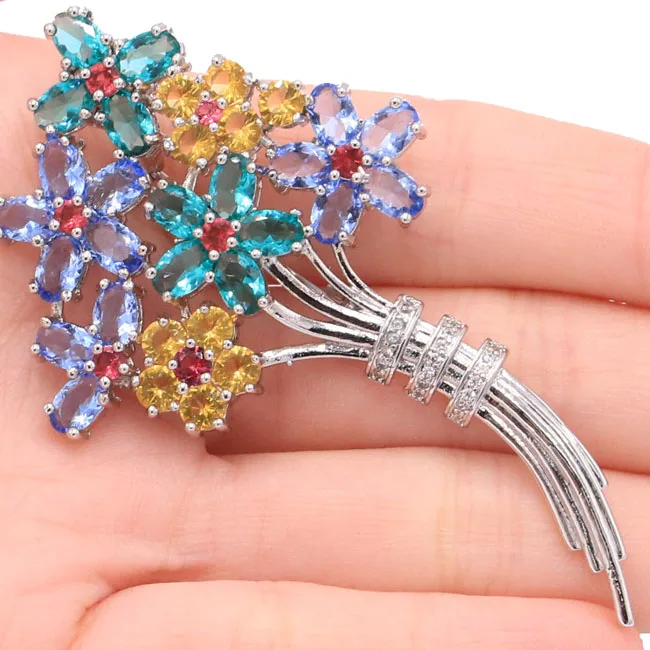 

SheCrown Big 14.1g Flower Cluster Paris Blue Topaz Ladies Engagement 925 Silver Brooch 72x41mm