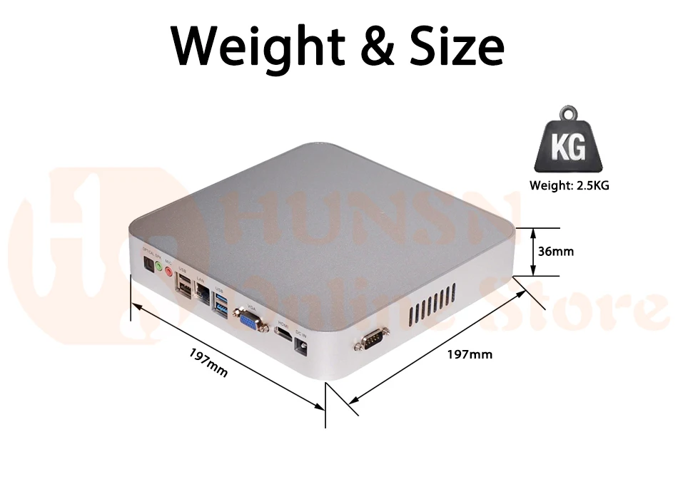 Безвентиляторный мини ПК, Intel Celeron N3150, Windows 10/Ubuntu, серебристый, [HUNSN BM06], (WiFi/VGA/1 HDMI/4USB3. 0/2USB2. 0/1LAN/2COM)