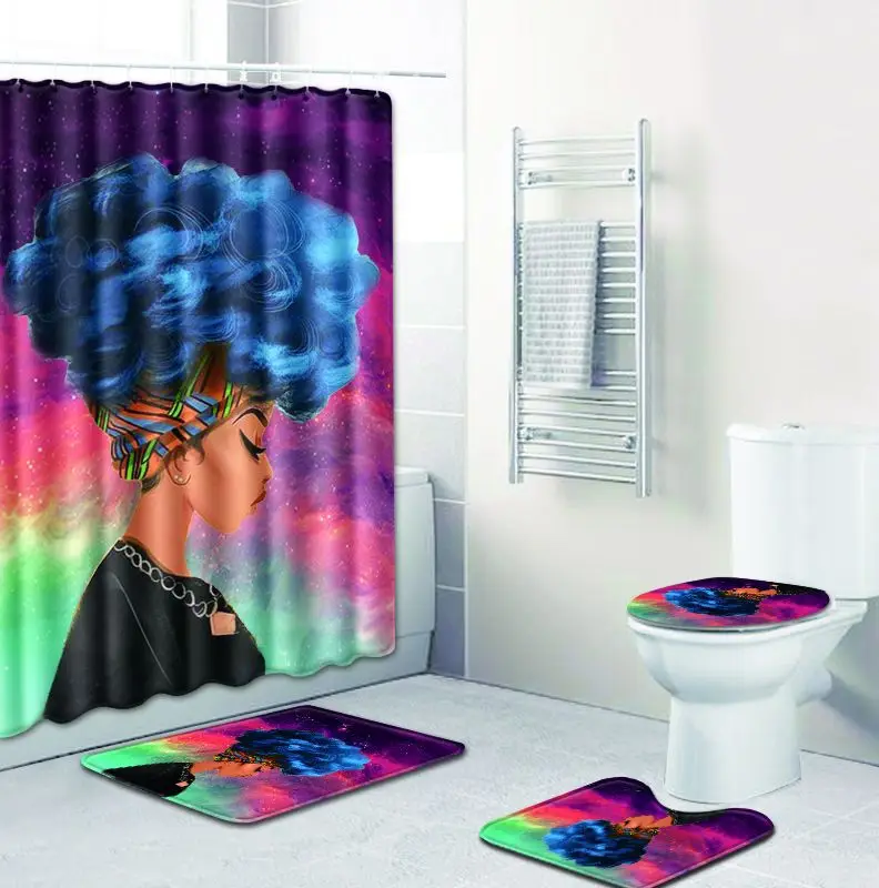 

4Pcs/Set African Woman Bathroom Mat Set Non-Slip Pedestal Rug + Lid Toilet Cover + Bath Mat + Shower Curtain Bathroom Products