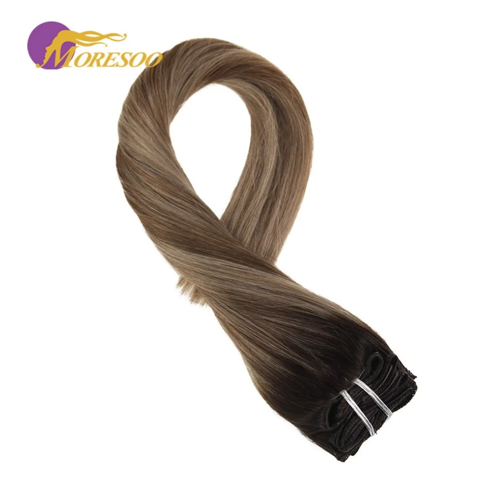

Moresoo Clip in Hair Brown #2 Fading To Brown #8 Highlighted with Brown #12 Real Human Remy Full Thick Head Hair 7Pcs/100G