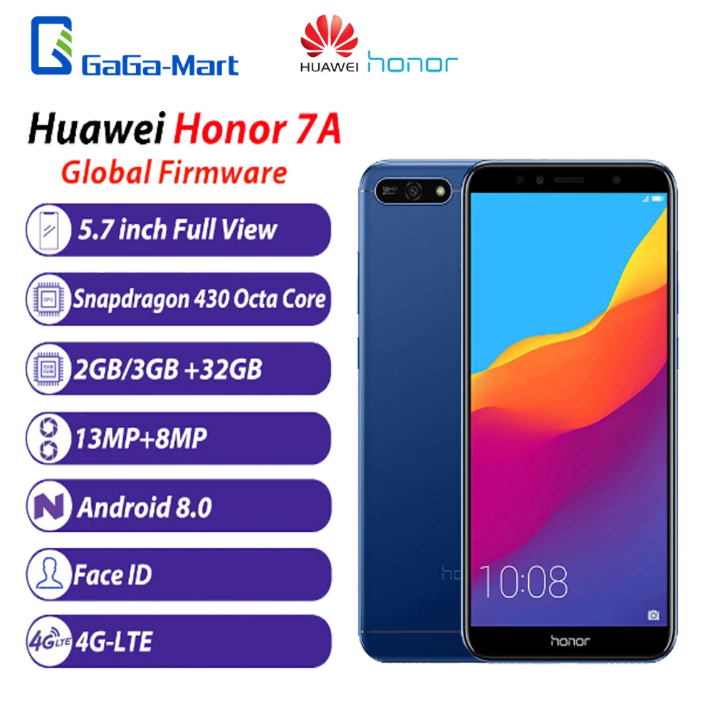 

Global Firmware Honor 7A 3+32GB 5.7 inch Full View Screen Octa Core Android 8.0 Face ID 13MP+8MP 4G-LTE Smartphone