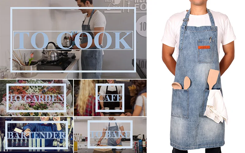 WEEYI Washable Shop Denim Apron with 3 Pockets Unisex Fits Small to XXL Vintage  Blue Homewear Workwear 34x27 Inches  (5)