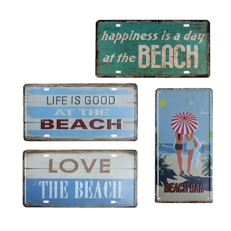 Beach Tin Signs Vintage License Plate Plaque Metal Coffee Bar