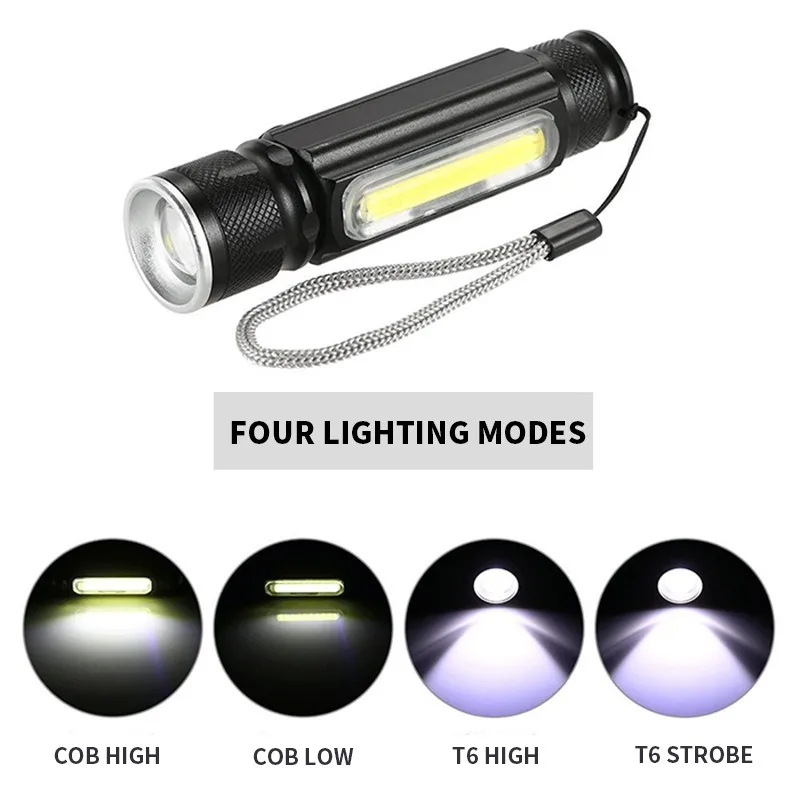COB светодиодный фонарик водонепроницаемый ручной 4 режима фонарики Карманный рабочий свет для аварийного освещения использовать батарею AA 18650