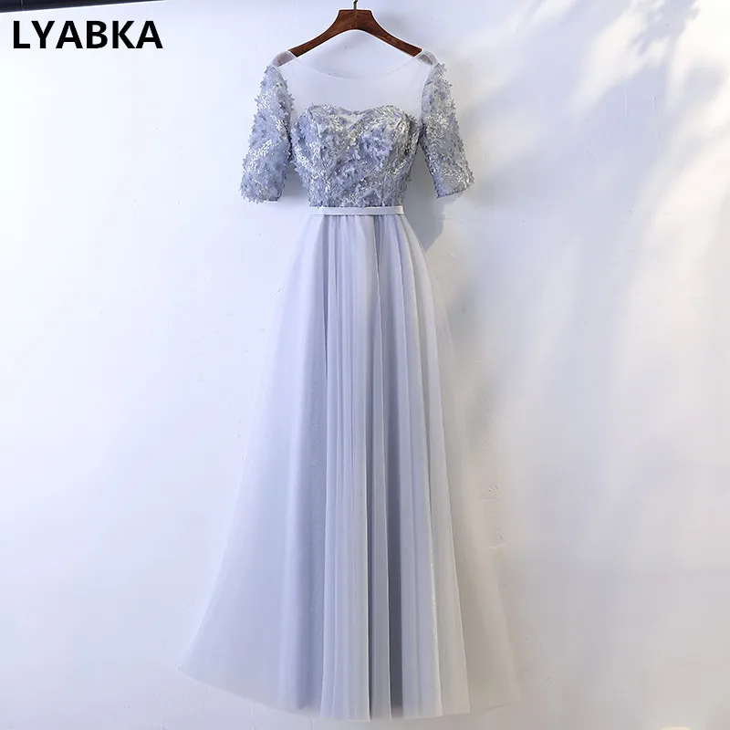

Scoop Neck Elegant Evening Dress Short Sleeve Robe De Soiree Tulle Appliques Evening Dresses Long Dress 2019 Vestido De Festa