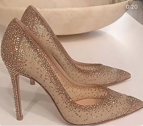 Sexy Bling Bling Crystal Wedding Shoes Bride Gold Mesh Rhinestone Patchwork Dress Pumps Champagne Black Glittering Heels Pumps