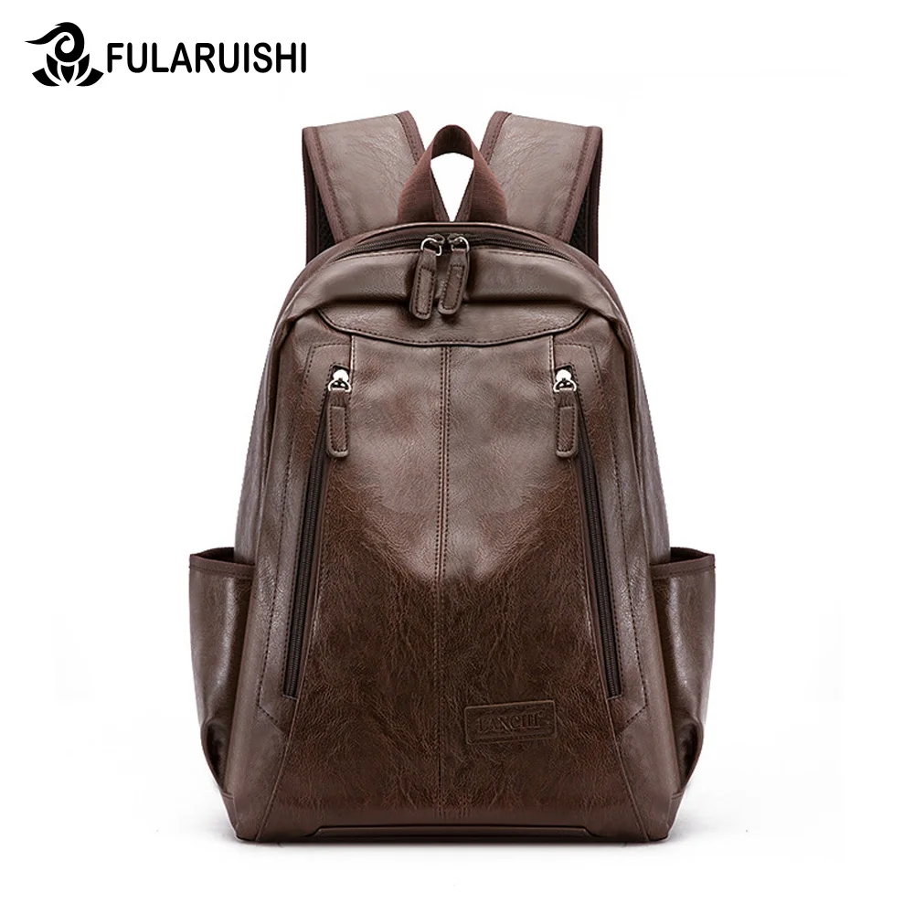 

Fularuishi Brand Men Backpack PU Leather Male Functional bags Waterproof Backpack big capacity Men Bag School Bags For Teenager