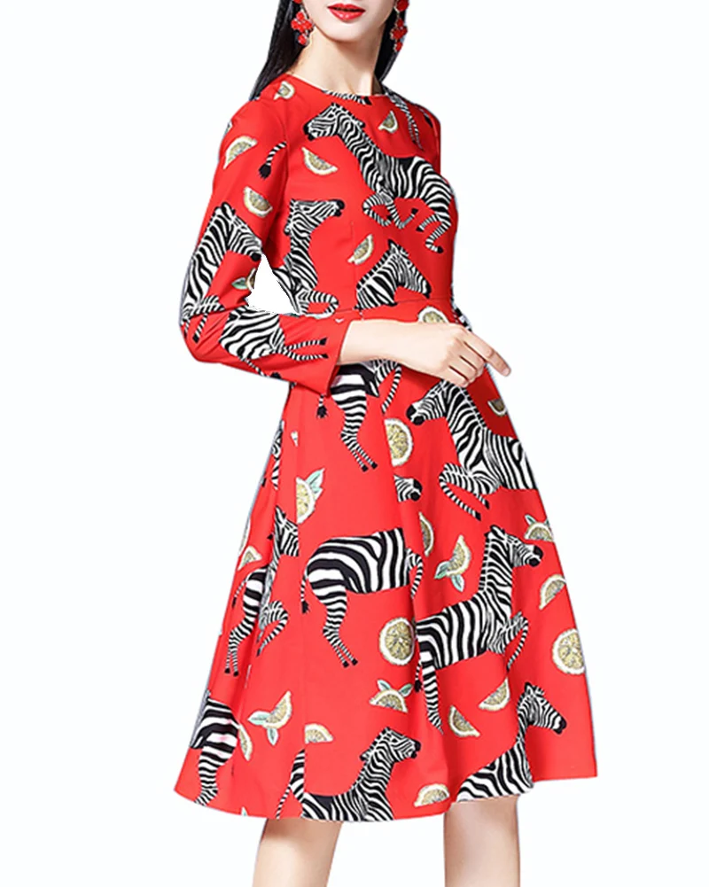 Roiii Spring Women's Long Sleeve Dresses Red Zebra Print High Quality