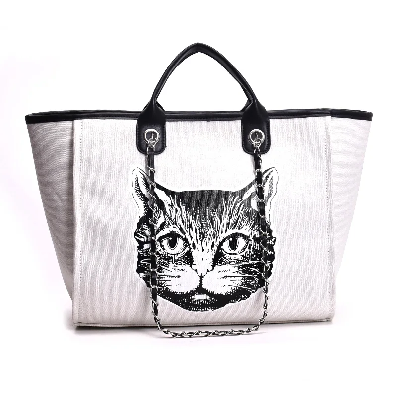 

2018 New Arrival PU Leather Vintage Chain Cat Printing Big Casual Totes Women Handbag Female Shoulder Bags Messenger Bags