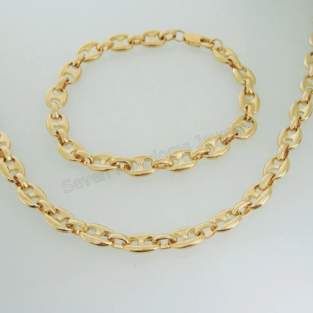 Min order 1 piece - YELLOW GOLD GP COFFEE BEAN LINK CHAIN 24&quot NECKLACE &amp 8.7&quot BRACELET SET WIDTH 8MM 0.31&quot/CAN BE ADJUSTED |
