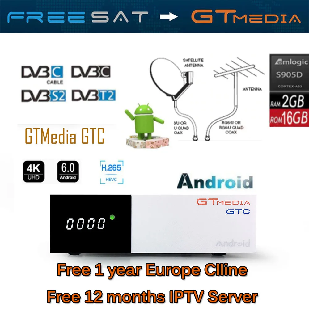 

Freesat GTC Receptor DVB-S2 DVB-C DVB-T2 Amlogic S905D android 6.0 TV BOX 2GB 16GB +1 Year cccam Satellite TV Receiver TV Box