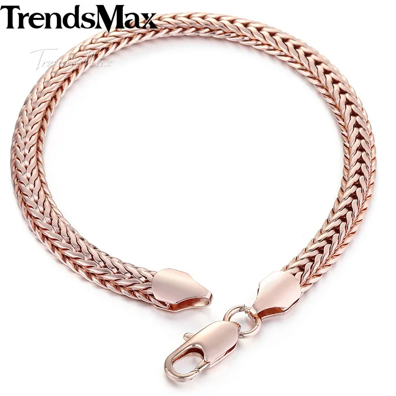 Trendsmax 585, браслет из розового золота для женщин и мужчин, цепочка с лисьим хвостом, мужской браслет, модное ювелирное изделие, 6 мм, 8 дюймов, GB254