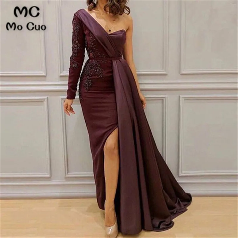 

2019 One Shoulder Evening Dresses with Appliques Floor Length Front Slit Women Prom Dresses Prom Party Dress Evening Dress