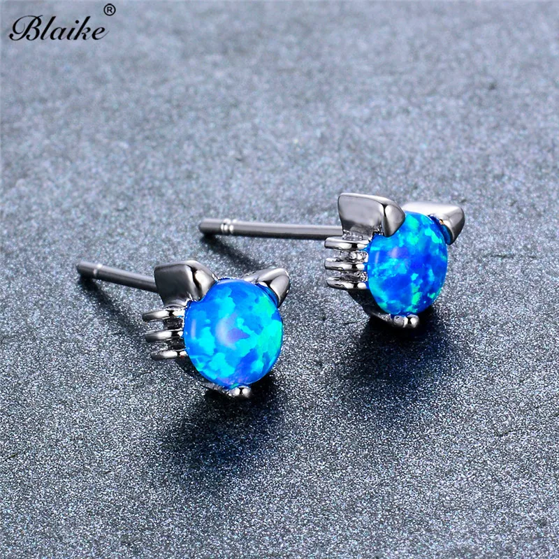 

Blaike Cute Cat Blue/White Fire Opal Stud Earrings For Women Animal Jewelry 925 Sterling Silver Filled Birthstone Earrings Gifts