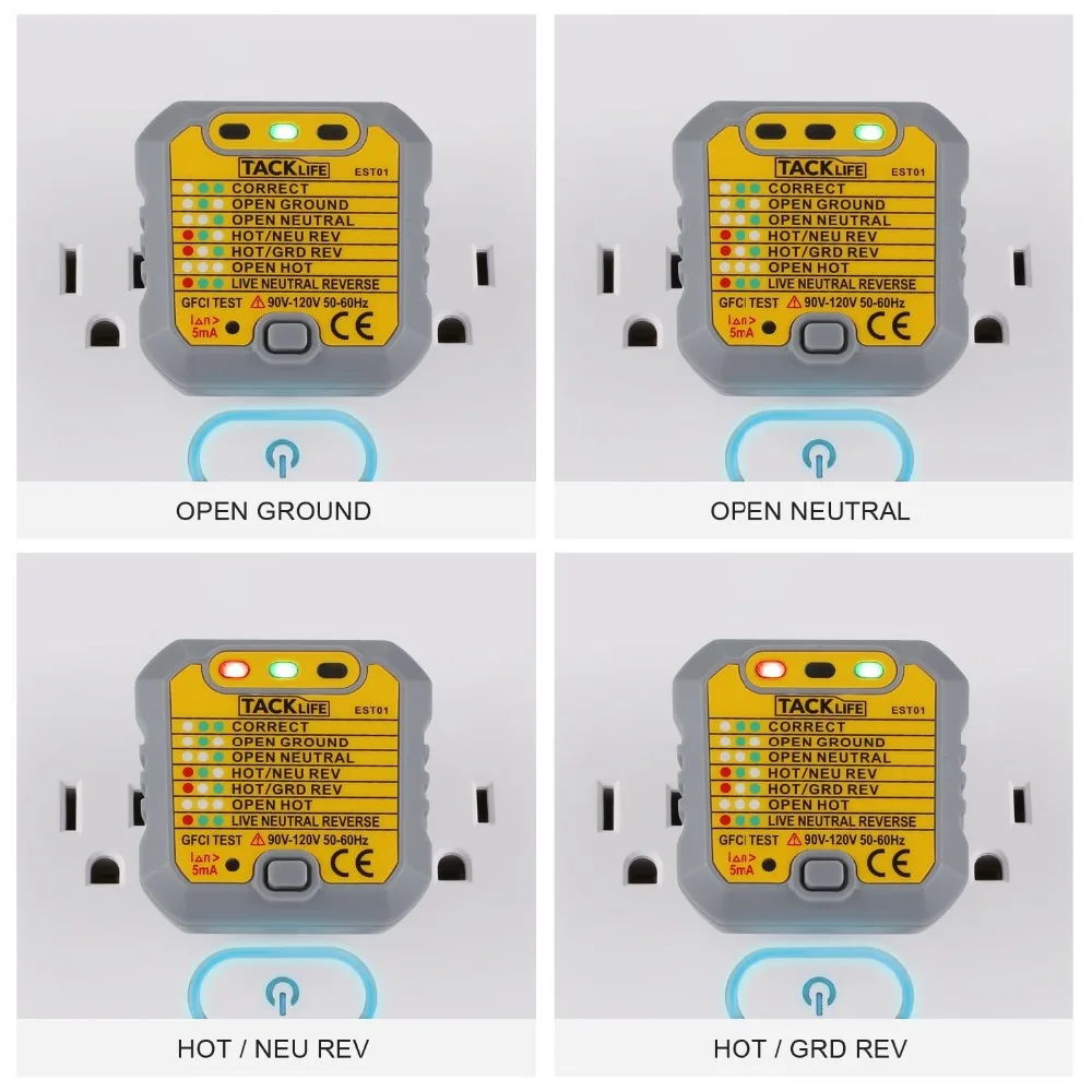 Tacklife EST01 Расширенный GFCI тестер розетки питания автоматическая электрическая цепь детектор напряжения проверки полярности инструменты