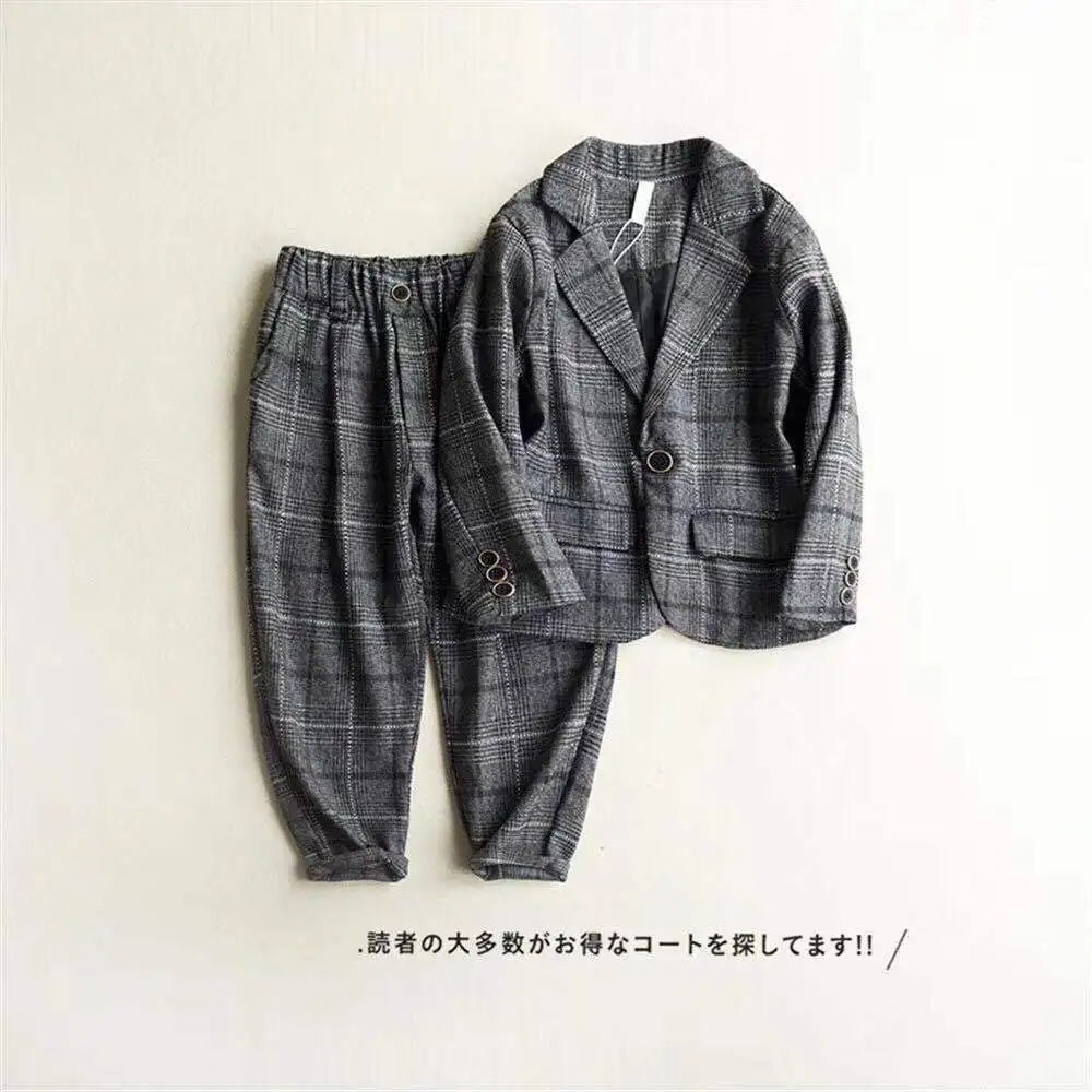 

2PCS boys spring autumn fashion clothing set baby plaid turn down collar long sleeve coat and pant set children suit 2-7 years