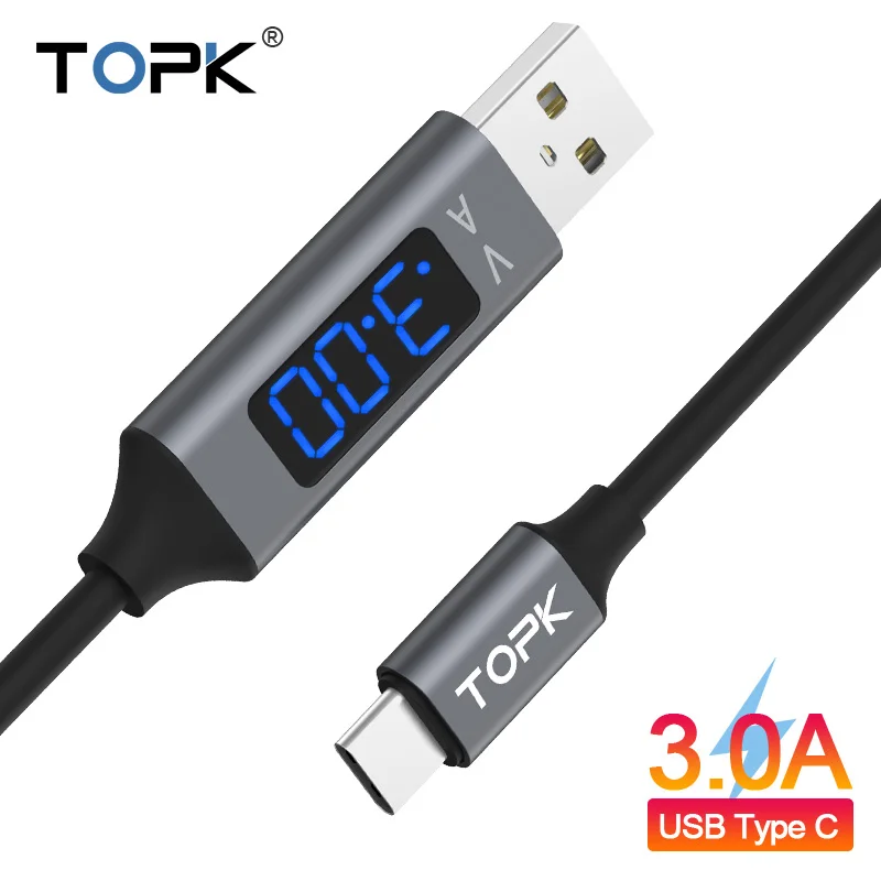TOPK D-Line2 кабель usb type C, отображение напряжения и тока type-C кабель для быстрой зарядки и синхронизации данных USB-C для samsung Xiaomi huawei