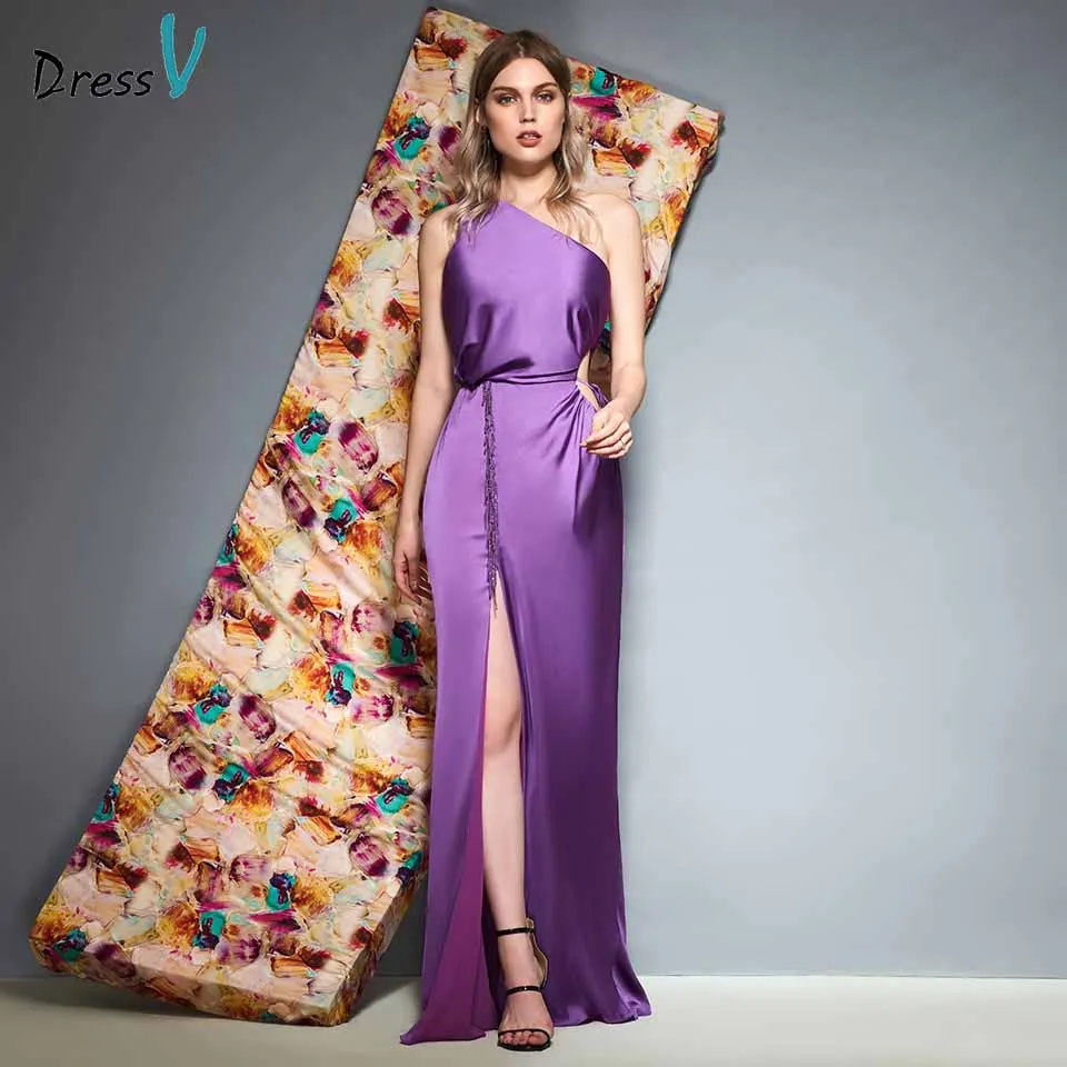 

Dressv lilac one shoulder evening dress floor length split front sheath sleeveless wedding party formal dress evening dresses