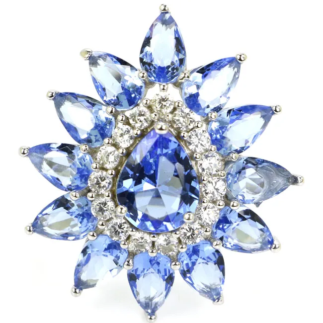 

SheType 4.9g Water Drop Violet Tanzanite White CZ Gift For Woman's 925 Solid Sterling Silver Ring 26x24mm