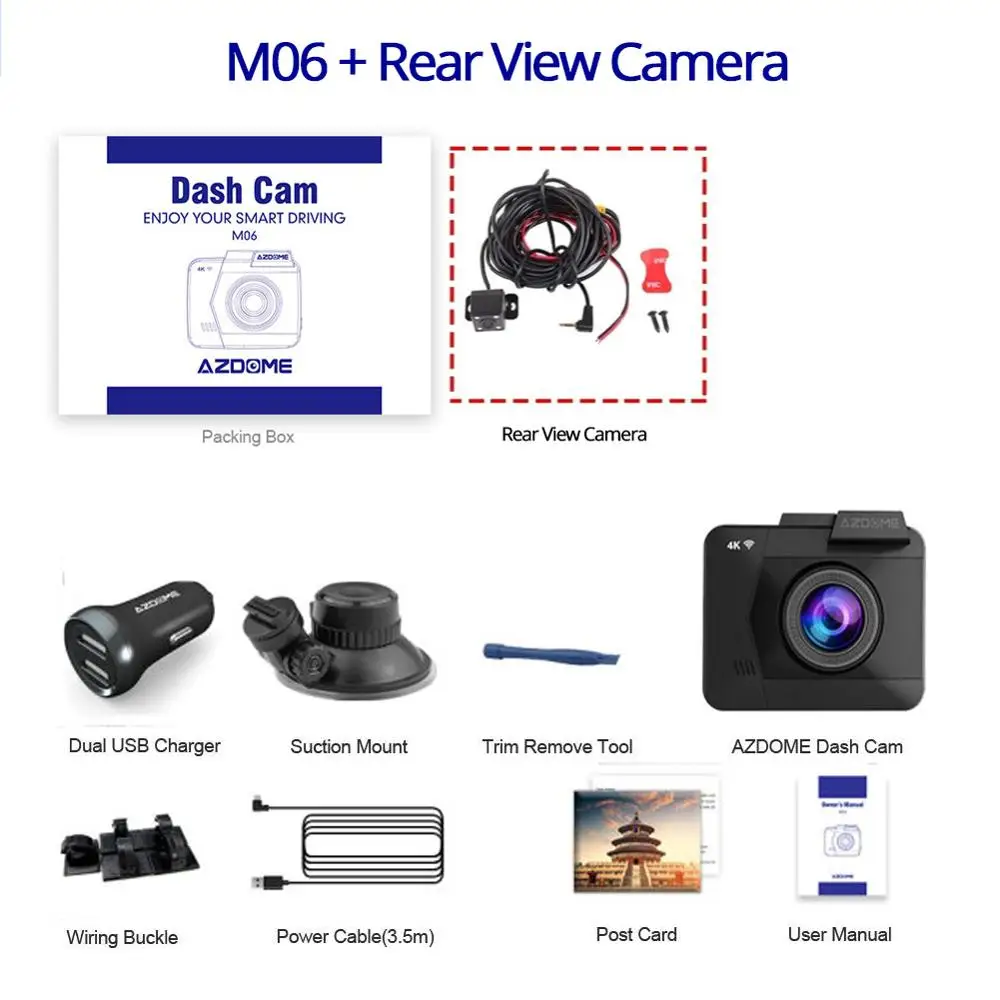 AZDOME M06 4 К к/2160* P Wi Fi автомобиля DVRs регистраторы двойной объектив задняя камера для автомобиля Встроенный gps WDR ночное видение Dashcam - Название цвета: M06-RVC