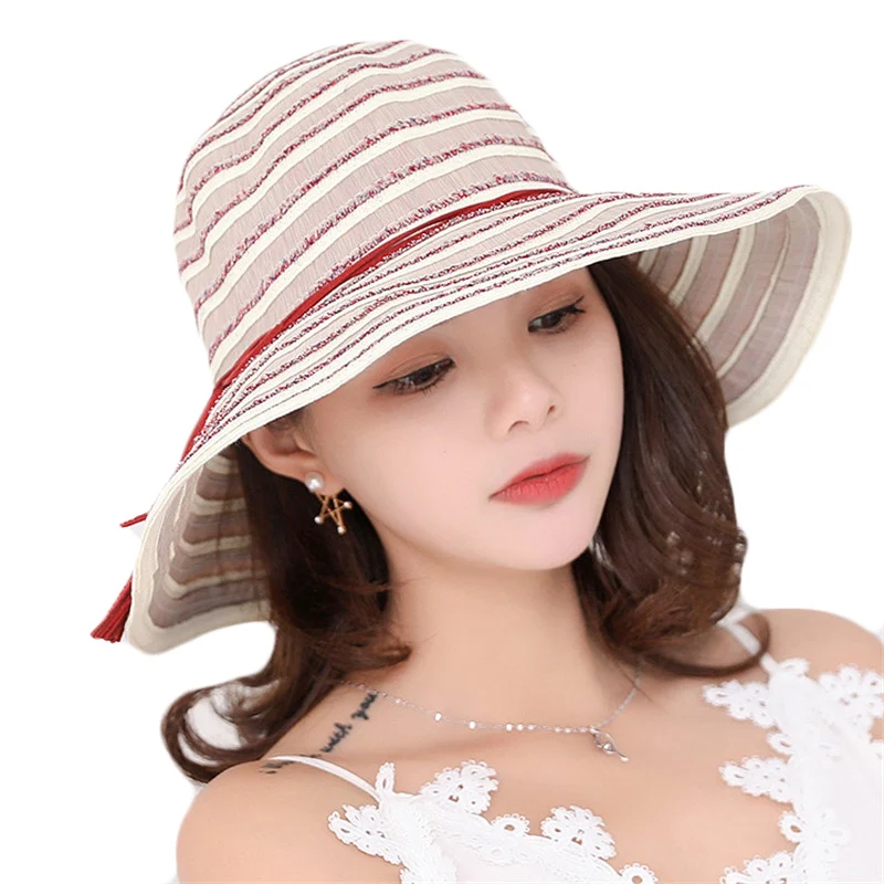 Casual Women's Hats Summer Cap New Striped Fringed Sun Hat Female Summer Travel Fashion Beach
