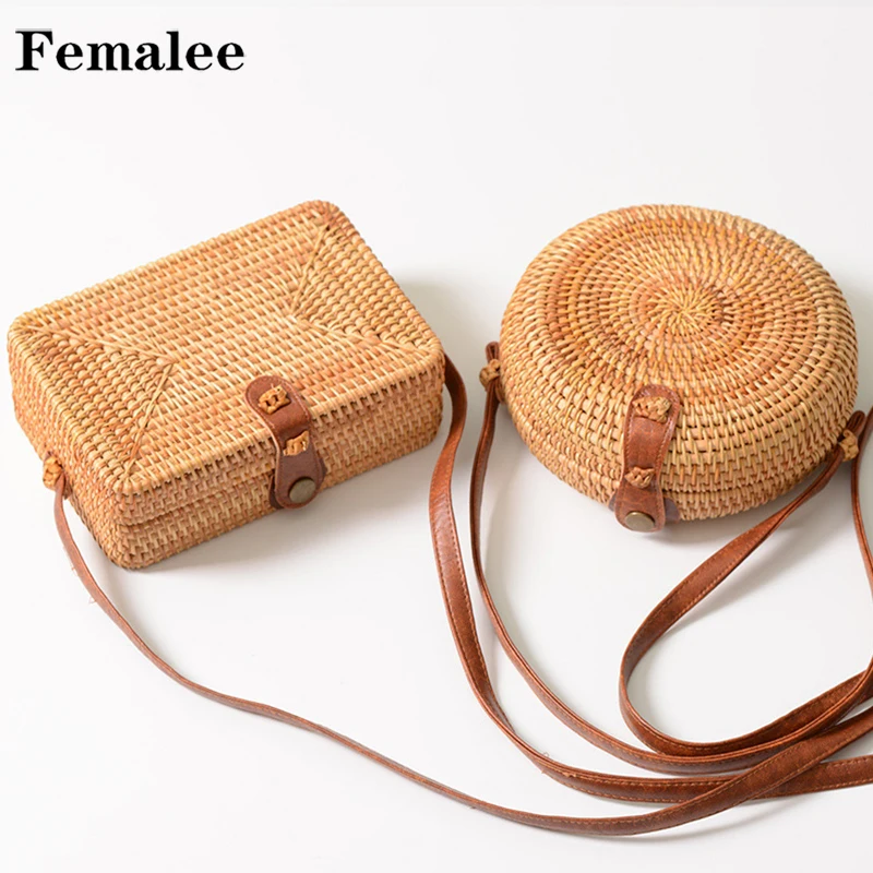 FEMALEE اليدوية الروطان المنسوجة جولة النساء Crossbody حقيبة خمر القش مربع مربع حقيبة ساعي سيدة الصيف الشاطئ حقائب كتف
