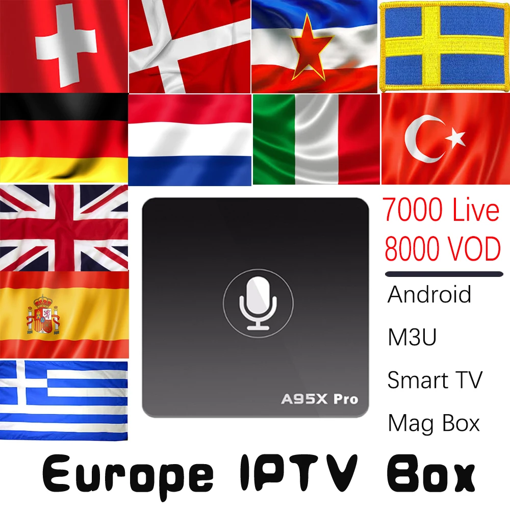 

Europe IPTV A95X Pro Android 7.1 TV Box Google Voice Control Smart tv Box + 7000 Live VOD 4k Norway Nordic Dutch UK Germany TV