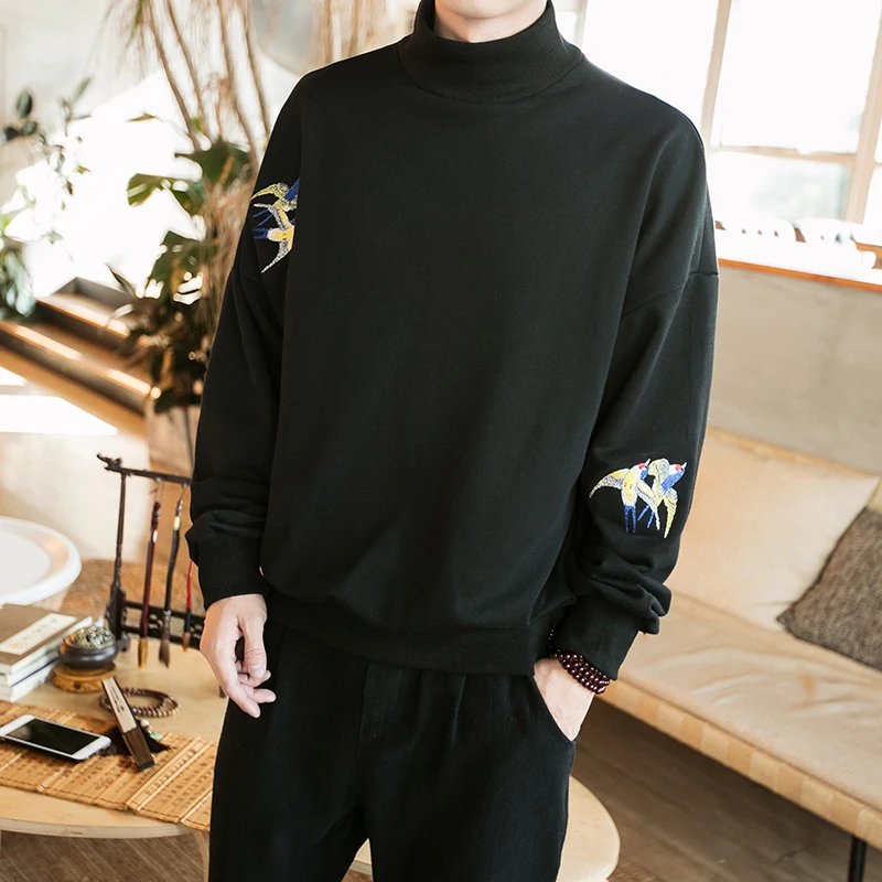 

MRDONOO In the tide of the crane China wind big male embroidery loose Large size code retro turtleneck long sleeved