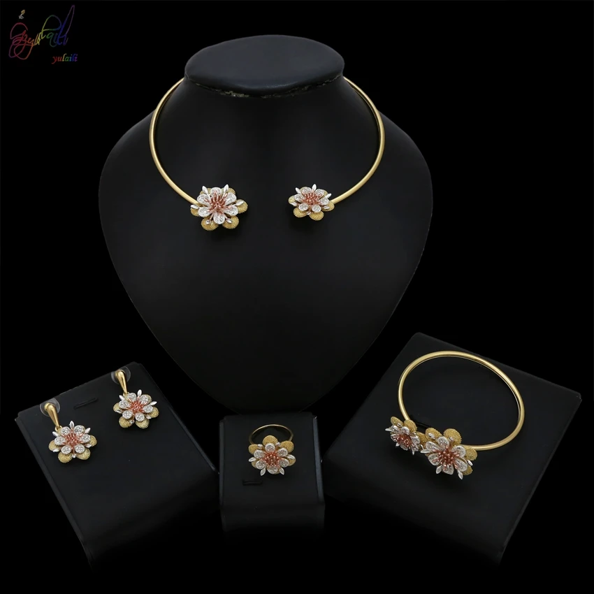 

YULAILI Exquisite Jewelry Set Pure Gold Color Flower Choker Necklace Bangle Earrings Ring Set for Women Gift