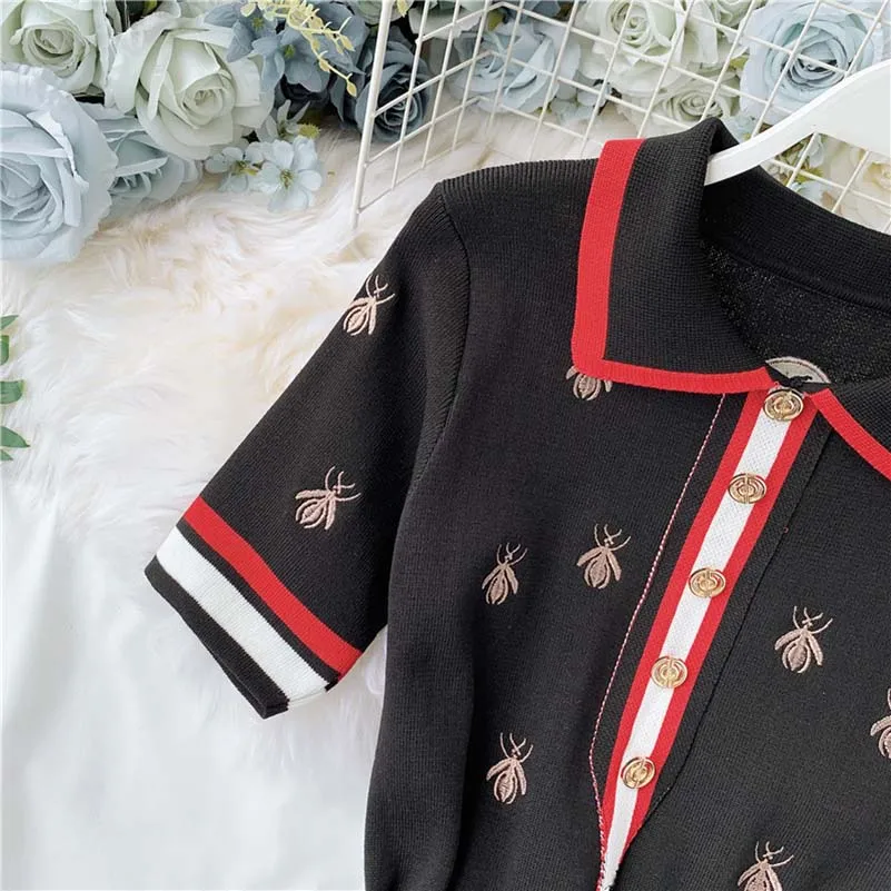 NiceMix Summer Dress Elegant Casual Women Embroidery bee Turn-down Collar shirt dresses Buttons Knitting Mini Office Lady Dress