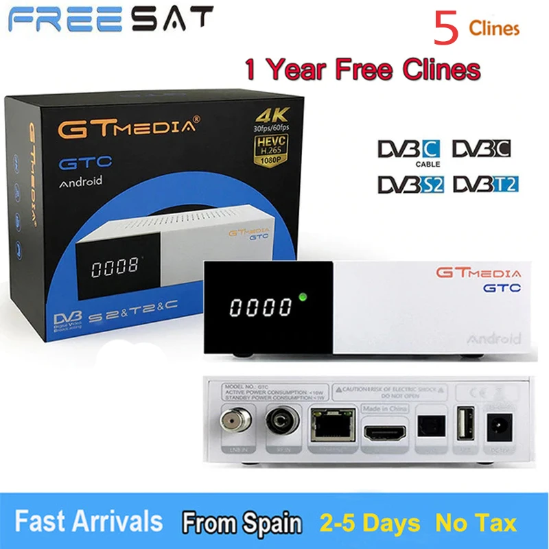 

Original FREESAT GTC Android 6.0 TV BOX DVB-S2/T2/Cable/ISDBT Amlogic S905D 2GB RAM 16GB ROM +1 Year Europe Cccam 5 Cline TV Box
