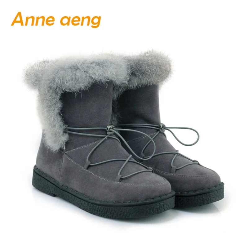 Anne Aeng Big Size Women Winter Shoes Ankle Snow Boots Rabbit Fur Platform Zip Warm Insole Comfortable Cross-Tied Hot Sale